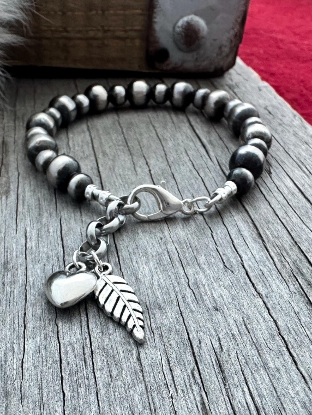 German Silver Navajo Beaded Bracelet with Heart & Leaf Charms